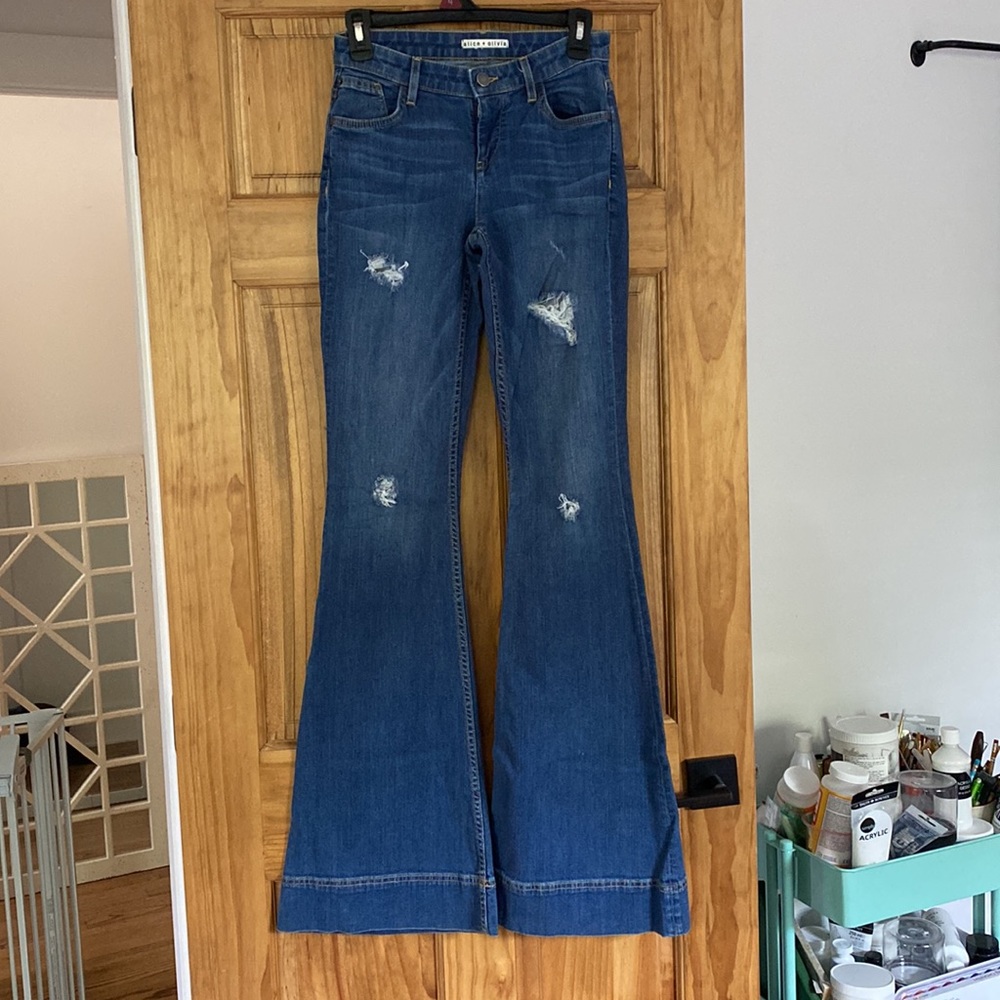 Alice + Olivia Bell Bottom Flare Jeans with Distressing